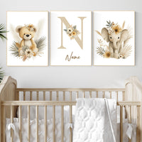 Boho Safari Nursery Prints: Bear, Giraffe, Elephant - Set of 3