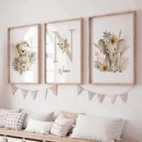 Boho Safari Nursery Prints: Bear, Giraffe, Elephant - Set of 3