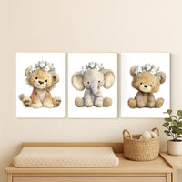 Floral Safari Nursery Wall Art Set of 3 | Lion, Elephant, Bear Prints with Flower Crowns | Boho Woodland Baby Girl Room Decor