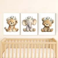 Floral Safari Nursery Wall Art Set of 3 | Lion, Elephant, Bear Prints with Flower Crowns | Boho Woodland Baby Girl Room Decor