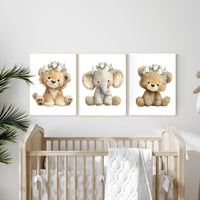 Floral Safari Nursery Wall Art Set of 3 | Lion, Elephant, Bear Prints with Flower Crowns | Boho Woodland Baby Girl Room Decor