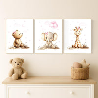 Pink Safari Animal Nursery Art, Baby Bear, Elephant, Giraffe Prints