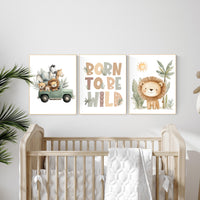 Safari Nursery Art Prints: Jeep, Lion, 'Born to Be Wild' - Set of 3