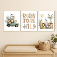 Safari Nursery Art Prints: Jungle Animals, Jeep, Lion, "Born to Be Wild"
