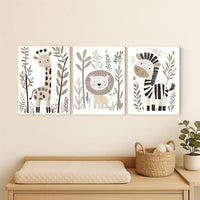 Safari Animal Nursery Prints, Boho Jungle Art, Set of 3