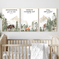 Woodland Nursery Decor: Mountain Animals, Bible Verse Art Print