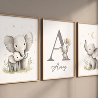 Elephant Nursery Art Prints: Gray Safari Animals, Personalized Name Sign