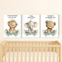 Plush Safari Animal Bible Verse Wall Art – Elephant Giraffe Lion Nursery Prints, Scripture Art, Christian Baby Room Decor Set