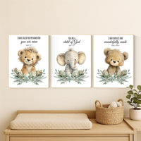 Plush Safari Animal Bible Verse Wall Art – Elephant Giraffe Lion Nursery Prints, Scripture Art, Christian Baby Room Decor Set