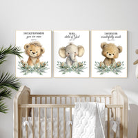 Plush Safari Animal Bible Verse Wall Art – Elephant Giraffe Lion Nursery Prints, Scripture Art, Christian Baby Room Decor Set