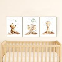 Nursery wall art animals, green nursery, gender neutral nursery, sage green, baby room decor, bear, elephant, giraffe, animal prints