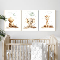 Nursery wall art animals, green nursery, gender neutral nursery, sage green, baby room decor, bear, elephant, giraffe, animal prints