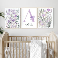 Lavender Floral Nursery Wall Art Set of 3 | Personalized Baby Girl Initial Print | Boho Purple Flower Name Artwork for Nursery Decor