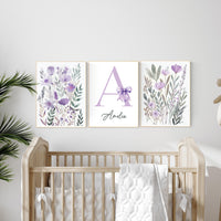 Lavender Floral Nursery Wall Art Set of 3 | Personalized Baby Girl Initial Print | Boho Purple Flower Name Artwork for Nursery Decor