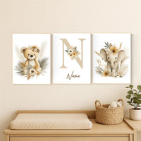 Boho Safari Nursery Prints: Bear, Giraffe, Elephant - Set of 3