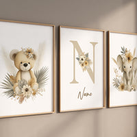 Boho Safari Nursery Prints: Bear, Giraffe, Elephant - Set of 3