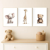 Beige Safari Animal Nursery Prints: Elephant, Giraffe, Bear