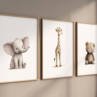 Beige Safari Animal Nursery Prints: Elephant, Giraffe, Bear