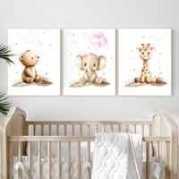Girl Nursery Wall Art: Gold Pink Elephant, Bear, Giraffe Prints
