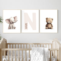 Elephant & Bear Nursery Print Set: Personalized Initial, Animal Art