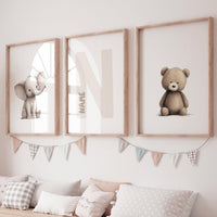 Elephant & Bear Nursery Print Set: Personalized Initial, Animal Art