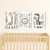 Safari Animal Nursery Prints, Boho Jungle Art, Set of 3
