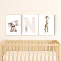 Elephant and Giraffe Nursery Print Set: Personalized Initial, Safari Animals