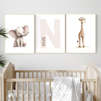 Elephant and Giraffe Nursery Print Set: Personalized Initial, Safari Animals