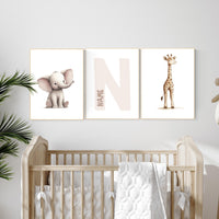 Elephant and Giraffe Nursery Print Set: Personalized Initial, Safari Animals