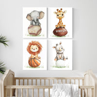 Sports Nursery Prints: Safari Animals Playing Baseball, Football, Golf