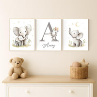 Elephant Nursery Art Prints: Gray Safari Animals, Personalized Name Sign