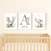Elephant Nursery Art Prints: Gray Safari Animals, Personalized Name Sign