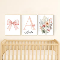 Personalized Nursery Wall Art Set – Blush Pink Bow, Floral & Initial Print