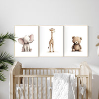 Beige Safari Animal Nursery Prints: Elephant, Giraffe, Bear