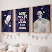 Space Nursery Art Prints: Rocket, Astronaut, Moon Quote