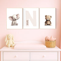 Elephant & Bear Nursery Print Set: Personalized Initial, Animal Art