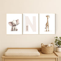 Elephant and Giraffe Nursery Print Set: Personalized Initial, Safari Animals