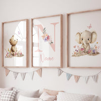 Personalized Bear & Elephant Nursery Print Set | Floral Baby Name Wall Art