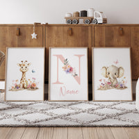 Giraffe & Elephant Nursery Art | Personalized Floral Name Print