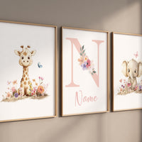 Giraffe & Elephant Nursery Art | Personalized Floral Name Print