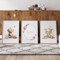 Personalized Baby Name Nursery Art | Bear & Elephant Floral Prints