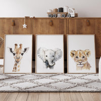 Safari Nursery Wall Art Prints, Giraffe Elephant Lion Nursery Decor