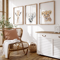 Safari Nursery Wall Art Prints, Giraffe Elephant Lion Nursery Decor