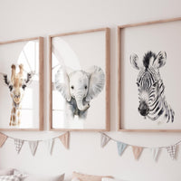 Safari Nursery Wall Art Set, Giraffe Elephant Zebra Prints