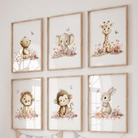 Floral Safari Animal Prints: Boho Nursery Decor, Set of 6