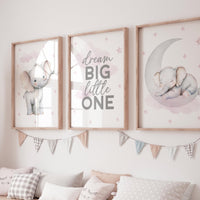 Pink Elephant Nursery Prints Set: Girls Room Decor