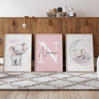 Pink Elephant Nursery Prints Set: Girls Room Decor