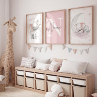 Personalized Elephant Nursery Prints Set: Pink Baby Girl Decor