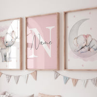 Personalized Elephant Nursery Prints Set: Pink Baby Girl Decor