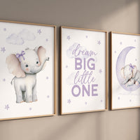 Elephant Nursery Prints: Purple Moon, Stars, Girl Room Decor